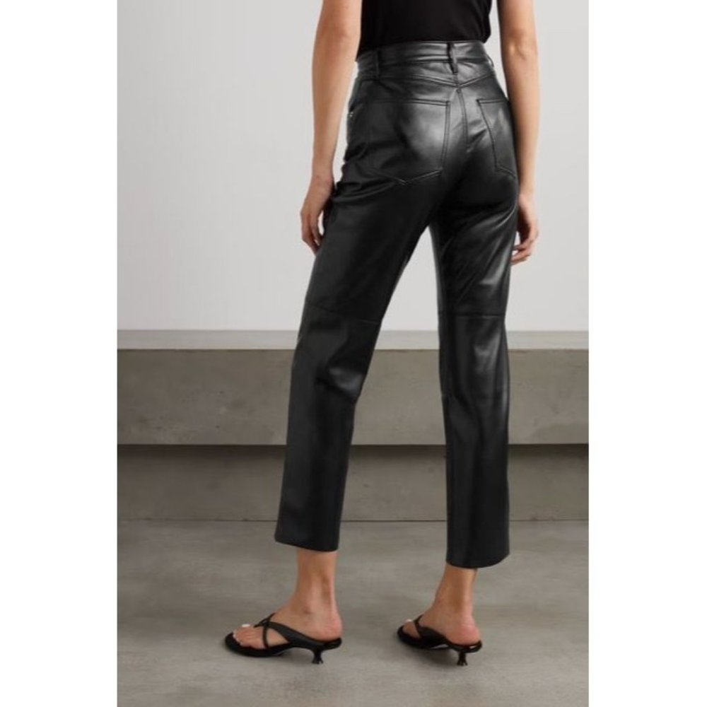 Nanushka Vinni Vegan Faux Leather Crop Straight Leg Trouser Pants - Picture 2 of 8